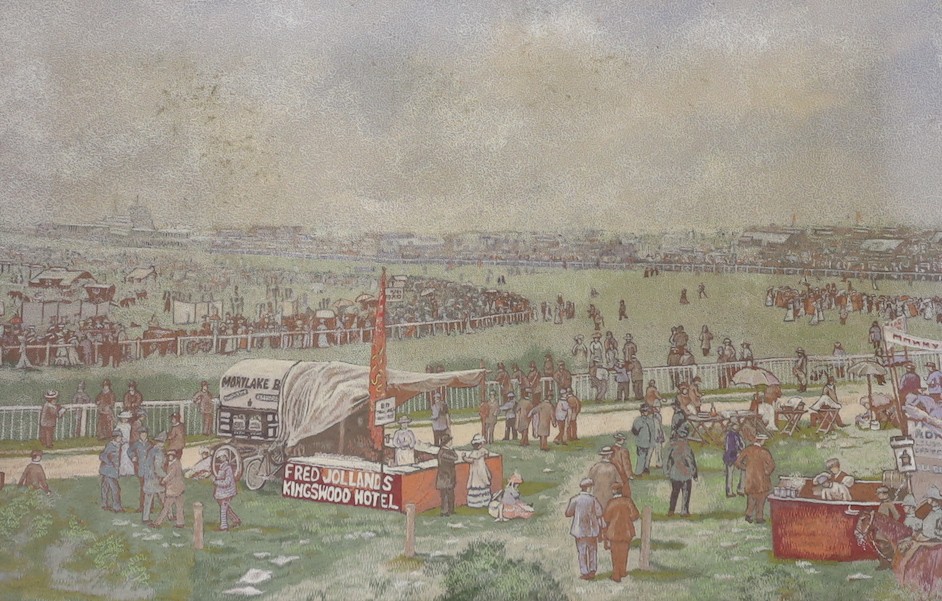 An early 20th century needlework panel depicting Tattenham Corner, Epsom Downs Racecourse, 38 x 60cm, in original glazed oak frame